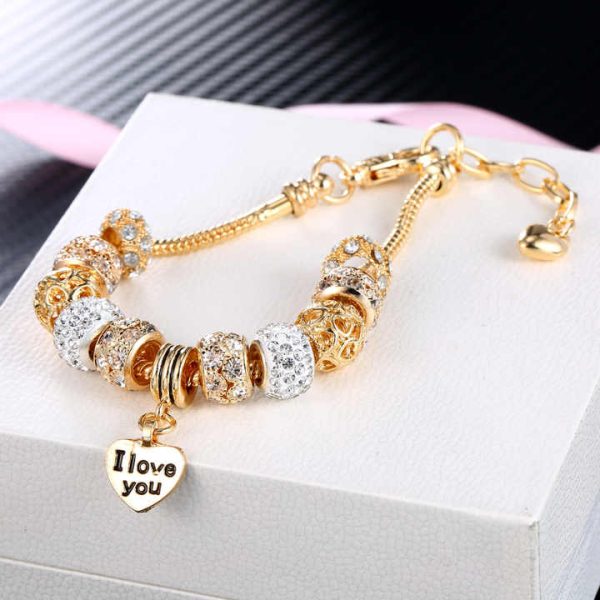 Charm Gold Bracelet Luxury Crystal Beaded Bracelet Heart Pendant Bracelet Women Jewelry