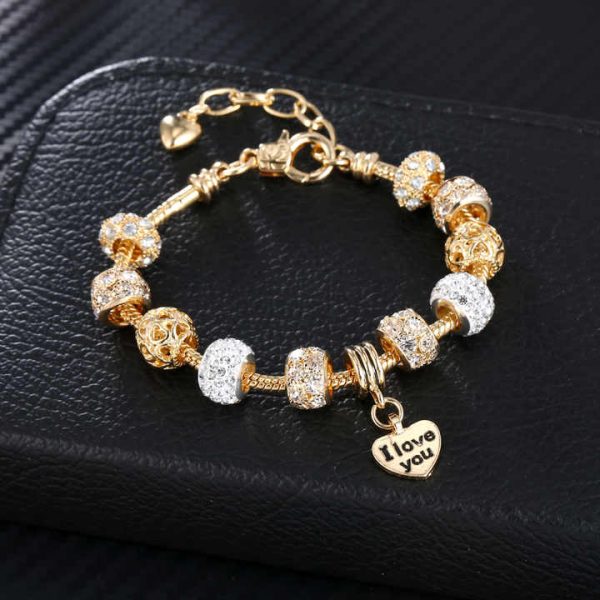 Charm Gold Bracelet Luxury Crystal Beaded Bracelet Heart Pendant Bracelet Women Jewelry