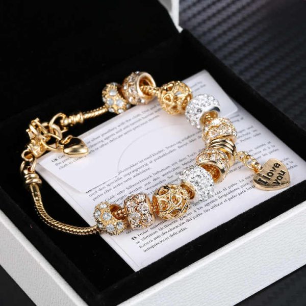 Charm Gold Bracelet Luxury Crystal Beaded Bracelet Heart Pendant Bracelet Women Jewelry