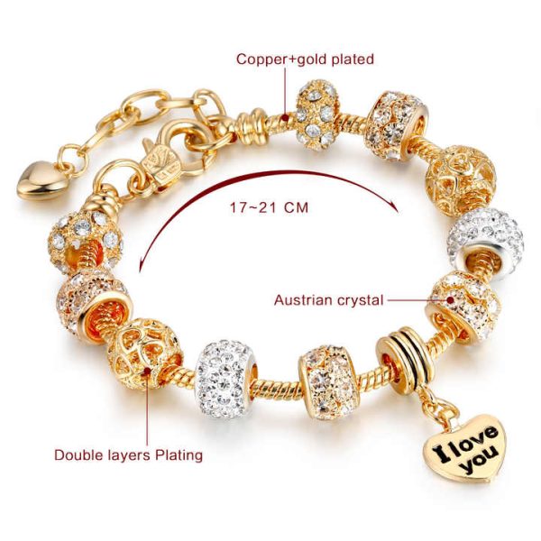 Charm Gold Bracelet Luxury Crystal Beaded Bracelet Heart Pendant Bracelet Women Jewelry