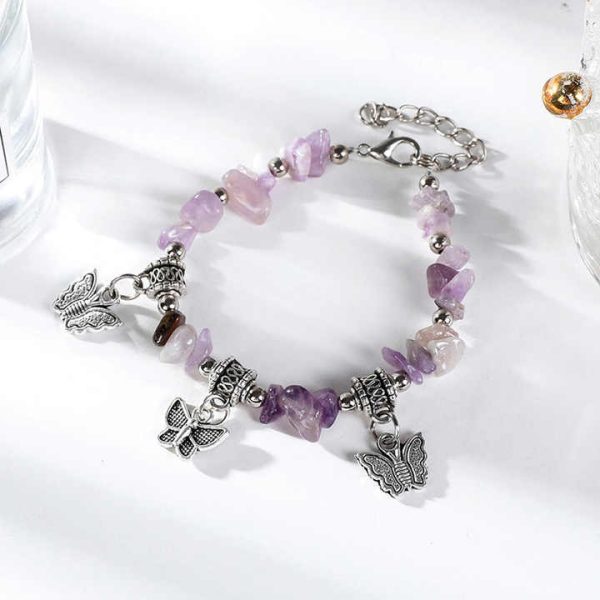 Natural Gravel Butterfly Pendant Bracelet Irregularity Crystal Stone Beads Elastic Bracelets for Women Men Gift BSB379