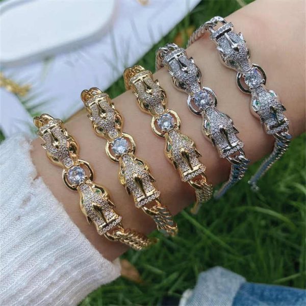 24k Gold Plated CZ Crystal Animal Double Leopard Head Bracelet Micro Pave Cubic Zirconia Leopard Link Bracelet