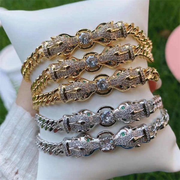 24k Gold Plated CZ Crystal Animal Double Leopard Head Bracelet Micro Pave Cubic Zirconia Leopard Link Bracelet
