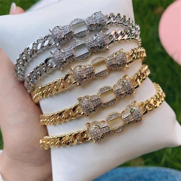 24k Gold Plated CZ Crystal Animal Double Leopard Head Bracelet Micro Pave Cubic Zirconia Leopard Link Bracelet