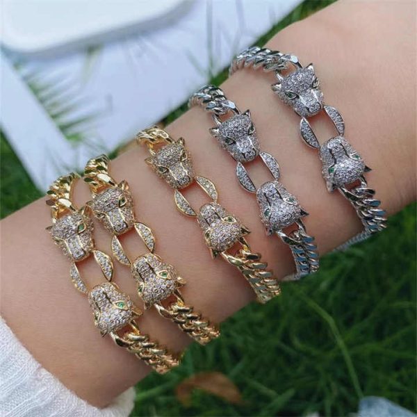 24k Gold Plated CZ Crystal Animal Double Leopard Head Bracelet Micro Pave Cubic Zirconia Leopard Link Bracelet