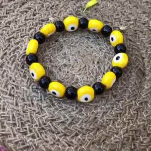 Yellow Gold Beaded Bracelet with 8mm Round Yellow Black Gemstone Beads for Men and Women, Unisex Jewelry Gift for Party Anniversary