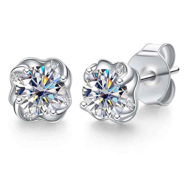 14k Yellow Gold 1 CT Moissanite Diamond Flower Stud Earrings Classic Style Rhodium Gold Made Sterling Silver 925