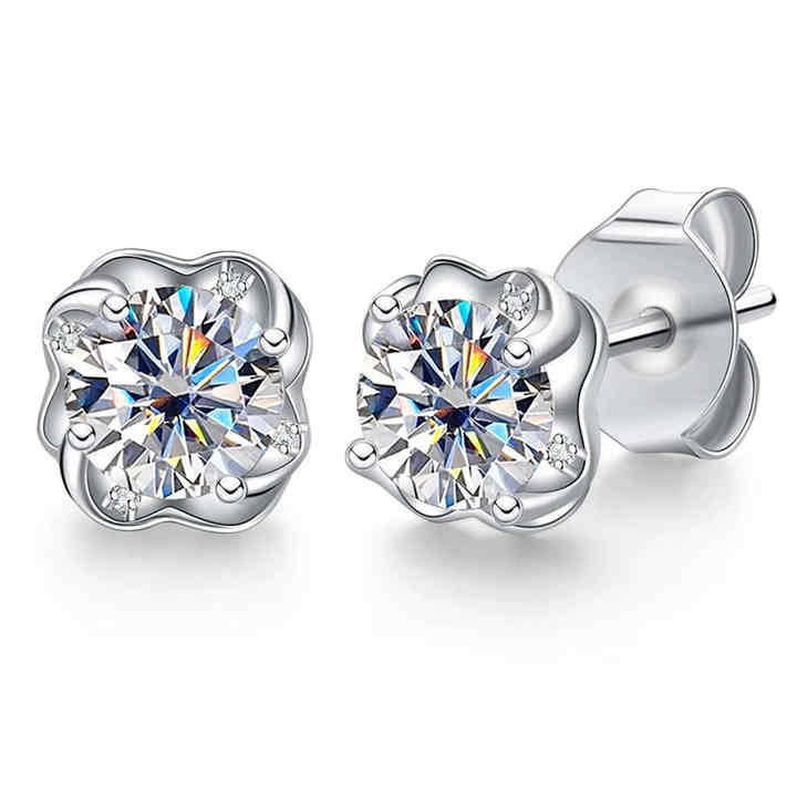 14k Yellow Gold 1 CT Moissanite Diamond Flower Stud Earrings Classic Style Rhodium Gold Made Sterling Silver 925