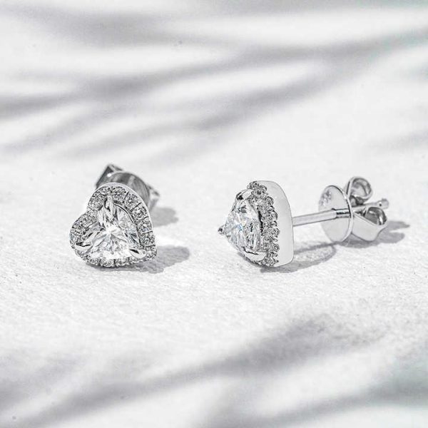 Staresgem 18K Yellow Gold Stud Earring 0.6ct DEF VS Lab Diamond Heart Shape with halo Style Anniversary Engagement Gift Stud