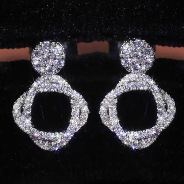 SU209 Abiding Double Clover Crossed Earrings Luxury Flower Pure White Gold Lab Created Diamond Geometry Women Stud Earrings