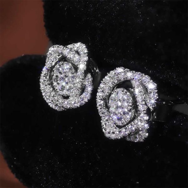 SU209 Abiding Double Clover Crossed Earrings Luxury Flower Pure White Gold Lab Created Diamond Geometry Women Stud Earrings