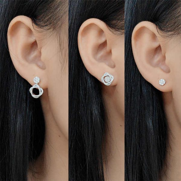 SU209 Abiding Double Clover Crossed Earrings Luxury Flower Pure White Gold Lab Created Diamond Geometry Women Stud Earrings