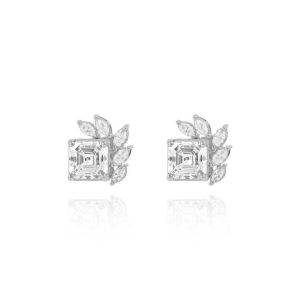 Art Deco Lab Grown Diamond Stud Earrings 18k White Gold IGI Certified Asscher Marquise Cut