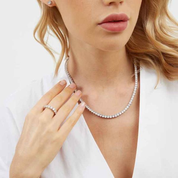 18K White Gold Plated Tennis Necklace for Women 5mm Round Lab Grown Diamond Classic Necklace