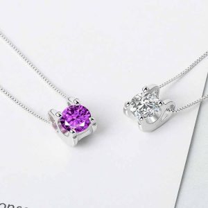 Trendy Round S925 Sterling Silver Cubic Zirconia Purple Crystal Pendant Necklace for Women & Men