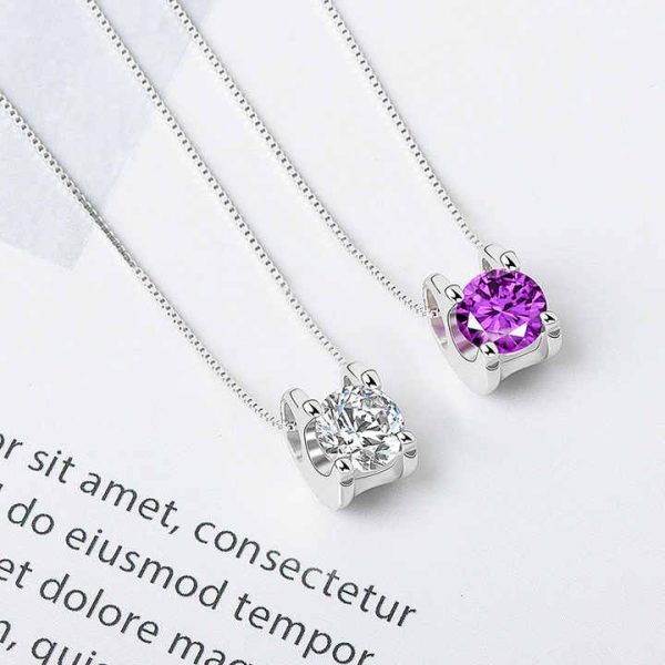 Simple S925 Sterling Silver Crystal Pendant Necklace Round Cubic Zircon Pendant Necklace