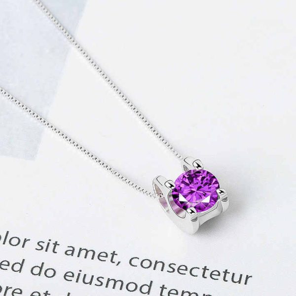 Simple S925 Sterling Silver Crystal Pendant Necklace Round Cubic Zircon Pendant Necklace