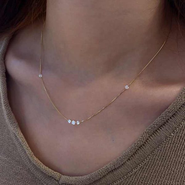 Laser Holed Diamond Necklace for Women 0.5 Carat round Brilliant Cut Yellow Gold with Lab Grown Diamonds