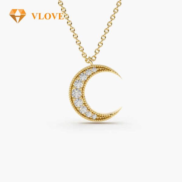 VLOVE Fine Diamond Jewelry Diamond Jewelry 14k Gold Mini Crescent Moon Diamond Necklace