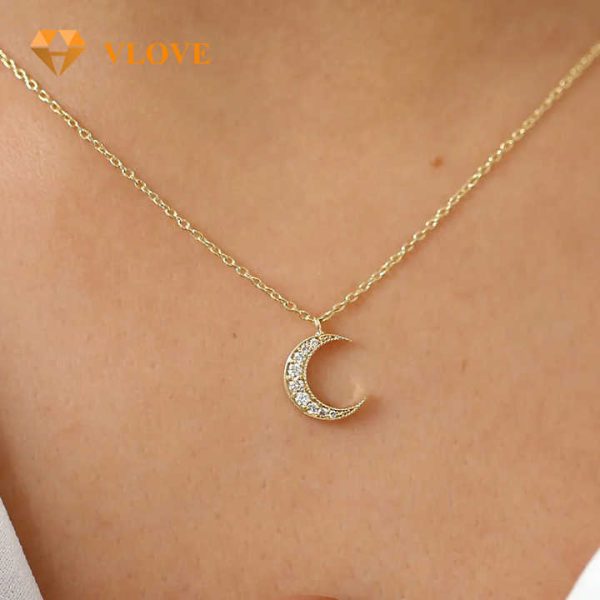 VLOVE Fine Diamond Jewelry Diamond Jewelry 14k Gold Mini Crescent Moon Diamond Necklace