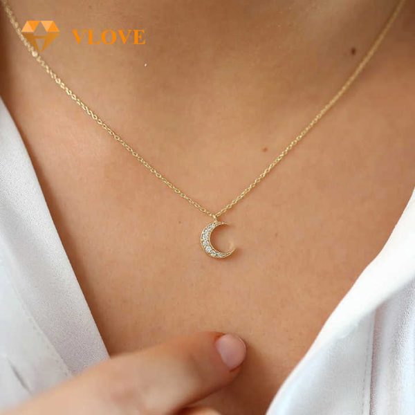 VLOVE Fine Diamond Jewelry Diamond Jewelry 14k Gold Mini Crescent Moon Diamond Necklace