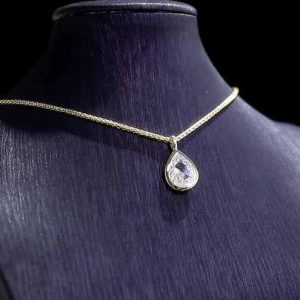 GIA Certified 9k White Gold Bezel Set Pear Shape Rose Cut 3 Carat DEF Diamond Pendant Necklace for Women