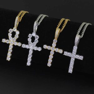 Hip Hop Style Cuban Link Diamond Cross Pendant Necklace Gold Plated Alloy Choker Jewelry for Women