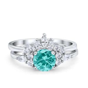 925 Sterling Silver Fine Jewelry Rhodium Plated Round Cut Paraiba Fashion Rings Set