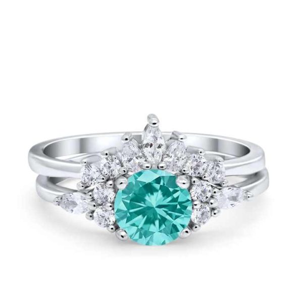 925 Sterling Silver Fine Jewelry Rhodium Plated Round Cut Paraiba Fashion Rings Set
