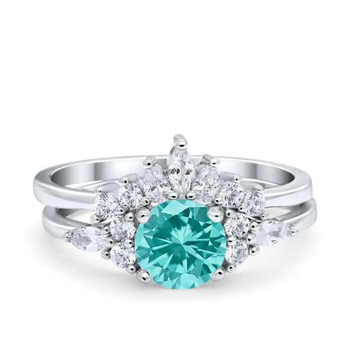 925 Sterling Silver Fine Jewelry Rhodium Plated Round Cut Paraiba Fashion Rings Set