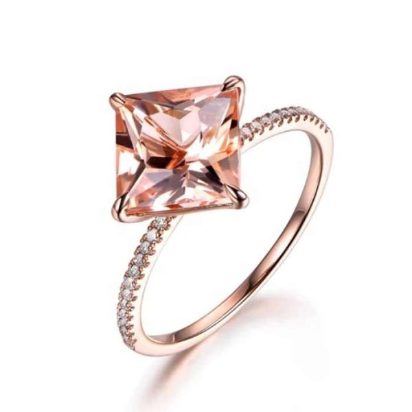 High-End Fine Ring with Princess Cut Morganite Rose Accentuated Sterling Silver Plating Exquisite Temperament