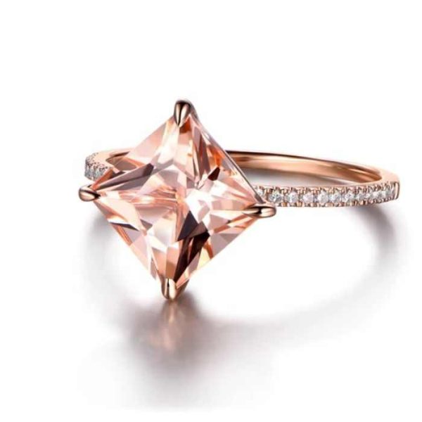 High-End Fine Ring with Princess Cut Morganite Rose Accentuated Sterling Silver Plating Exquisite Temperament