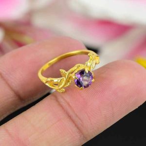 New Arrival 925 Sterling Silver Fine Ring Hot Selling Amethyst Gemstone with Vintage Gold Plating Leaf Design Jewelry