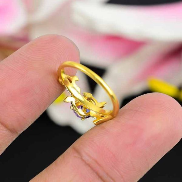 New Arrival 925 Sterling Silver Fine Ring Hot Selling Amethyst Gemstone with Vintage Gold Plating Leaf Design Jewelry