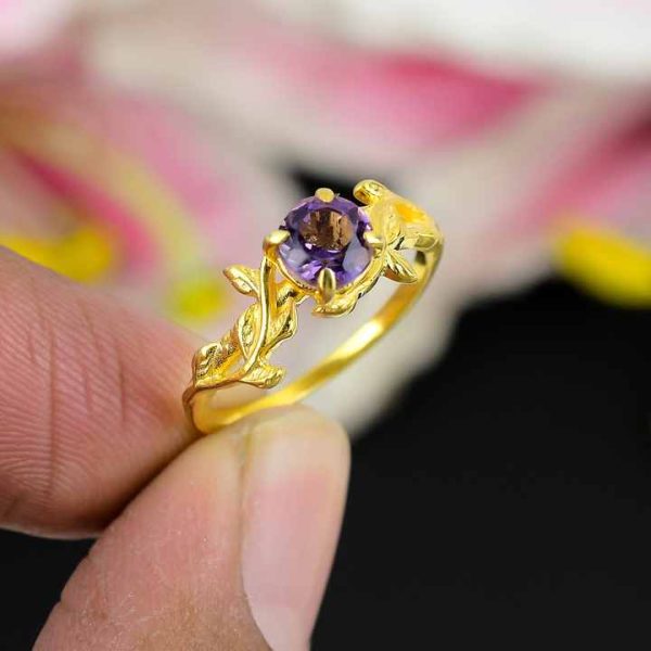 New Arrival 925 Sterling Silver Fine Ring Hot Selling Amethyst Gemstone with Vintage Gold Plating Leaf Design Jewelry