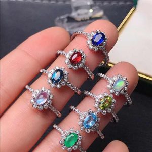 Women's 925 Sterling Silver Halo Ring with 4x6mm Natural Oval-Cut Gemstone for Engagement Wedding Anniversary Gift