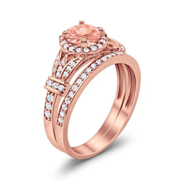 925 Sterling Silver Fine Rings Set Rhodium Plated Morganite for Wedding Fashionable and Elegant