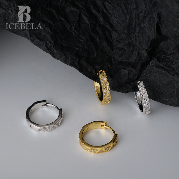 Wholesale 925 Sterling Silver Fashion Vintage Fine Jewelry Chamfered Geometric Zircon Hoop Earrings for Women Girls