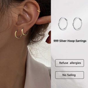 Fashion Jewelry Earrings Fine Jewelry Simple Circular 999 Sterling Silver Hoop Earrings Women
