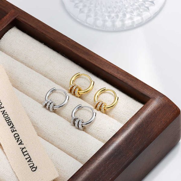 Designer Earrings S925 Sterling Silver Three Cubic Zirconia Rings Earring for Women Wholesale Fine Silver Hoops Jewelry
