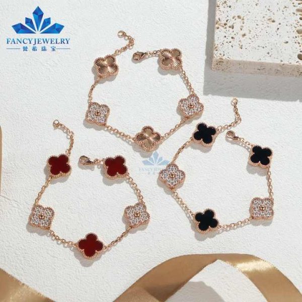 Vintage S925 Silver Lucky Four Leaf Clover Adjustable Chain 14K Gold Plated Moissanite Red Black Agate Jewelry Bracelets Women