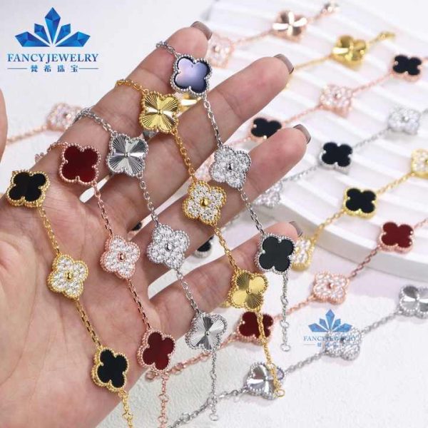 Vintage S925 Silver Lucky Four Leaf Clover Adjustable Chain 14K Gold Plated Moissanite Red Black Agate Jewelry Bracelets Women