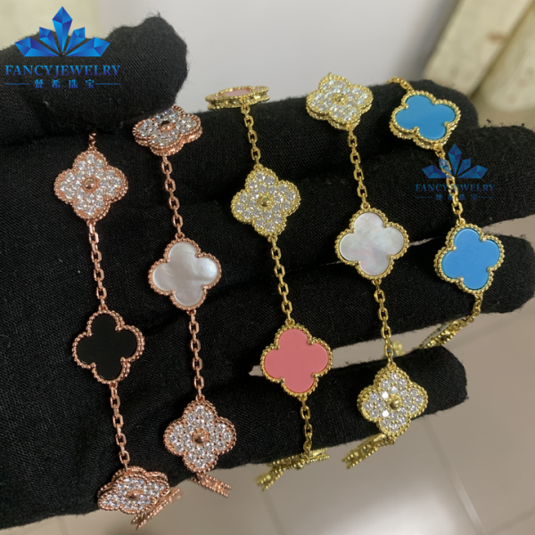 Vintage S925 Silver Lucky Four Leaf Clover Adjustable Chain 14K Gold Plated Moissanite Red Black Agate Jewelry Bracelets Women