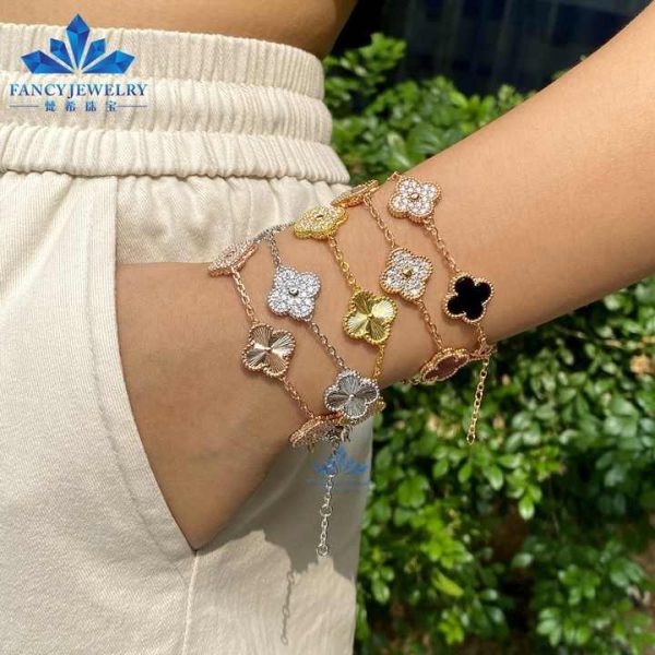 Vintage S925 Silver Lucky Four Leaf Clover Adjustable Chain 14K Gold Plated Moissanite Red Black Agate Jewelry Bracelets Women