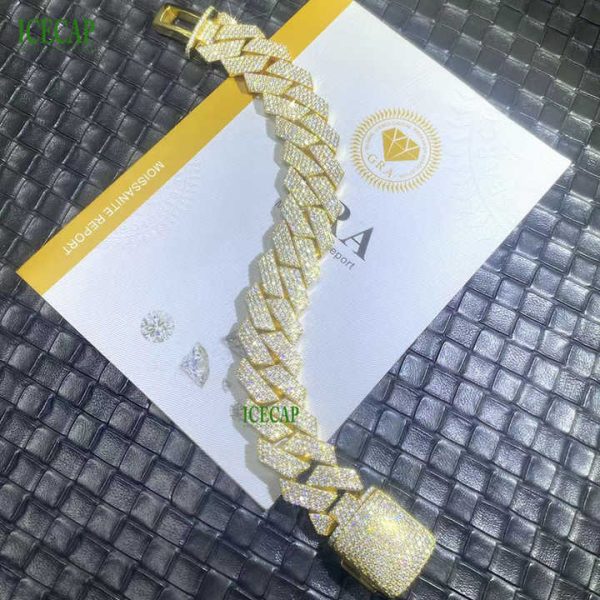 Ice 20MM Full VVS Moissanite Hiphop Cuban Link Chain 925 Sterling Silver Solid 18K Gold Plated Miami Cuban Chain Bracelet