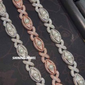 925 Sterling Silver Moissanite Cuban Link Bracelet with Freshwater Pearls | Hiphop Unisex Jewelry GRA Certified
