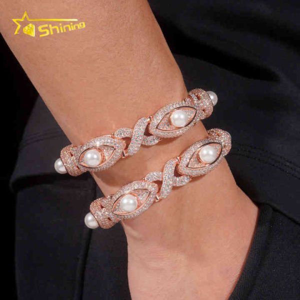 New Design EYES Design VVS GRA Certified Moissanite 18K Gold Plated Cuban Link Bracelet Hiphop Jewelry Necklace Pearl Setting