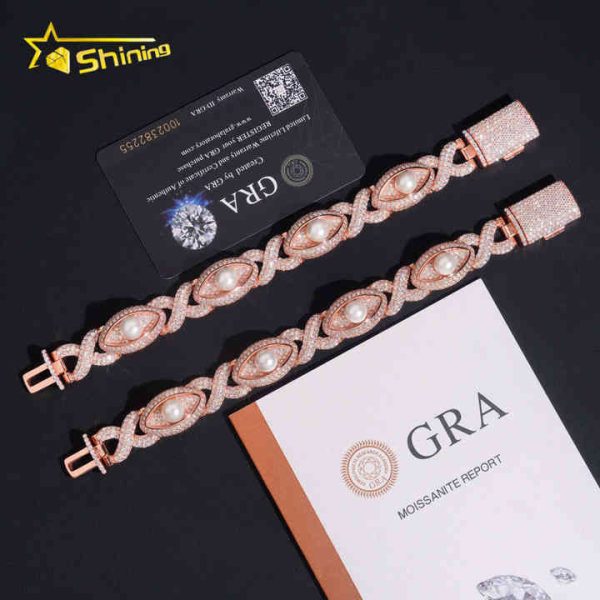 New Design EYES Design VVS GRA Certified Moissanite 18K Gold Plated Cuban Link Bracelet Hiphop Jewelry Necklace Pearl Setting
