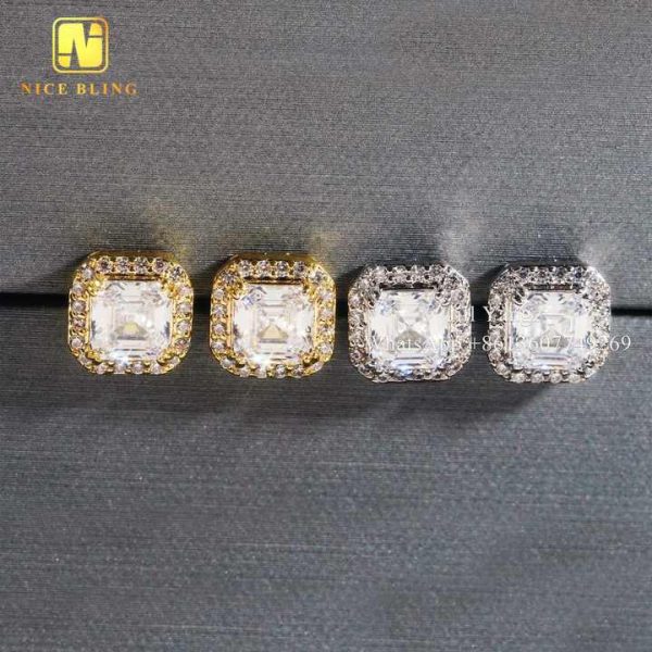 Fast Delivery Ready Stock Asscher Cut VVS Moissanite Square Halo Stud Earrings Factory Wholesale White Gold Plated