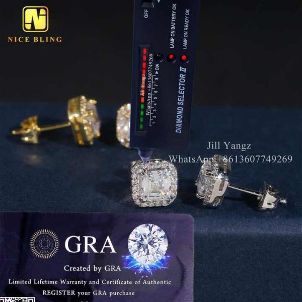 Fast Delivery Ready Stock Asscher Cut VVS Moissanite Square Halo Stud Earrings Factory Wholesale White Gold Plated